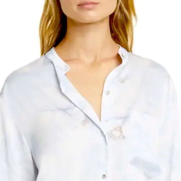 NWT Vince Painted Magnolia Band Collar Blouse -POWDER BLUE Satin Large - Picture 3 of 13